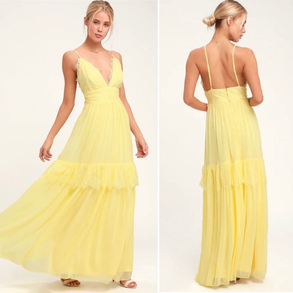 Lulus Pale Yellow Lace‎ Maxi Dress Adjustable Straps Size Medium Flowy